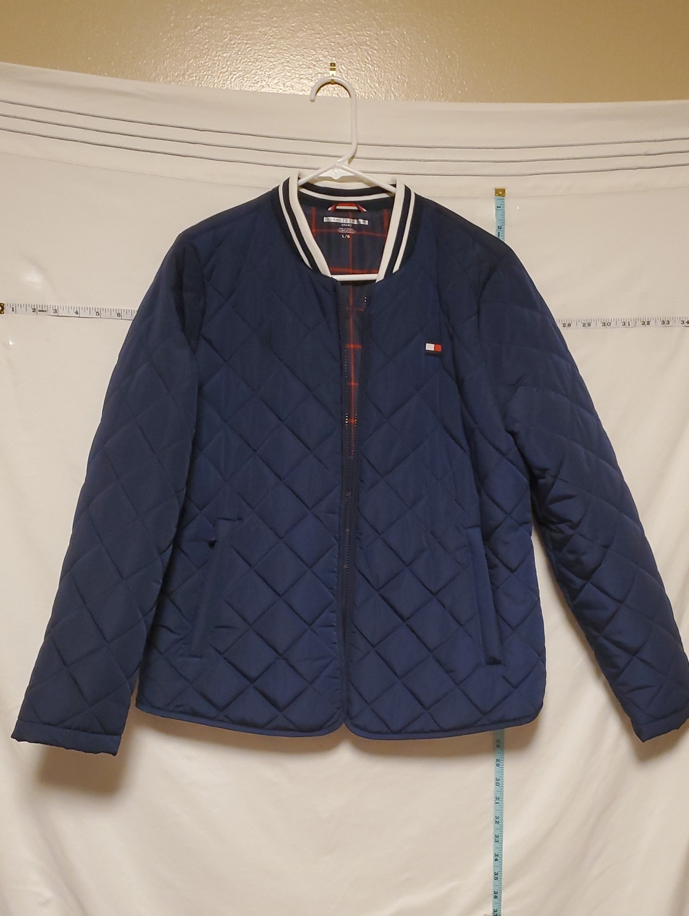 Tommy Hilfiger Womens Navy Quilted Bomber Jacket with Stripe Collar Lg Preppy